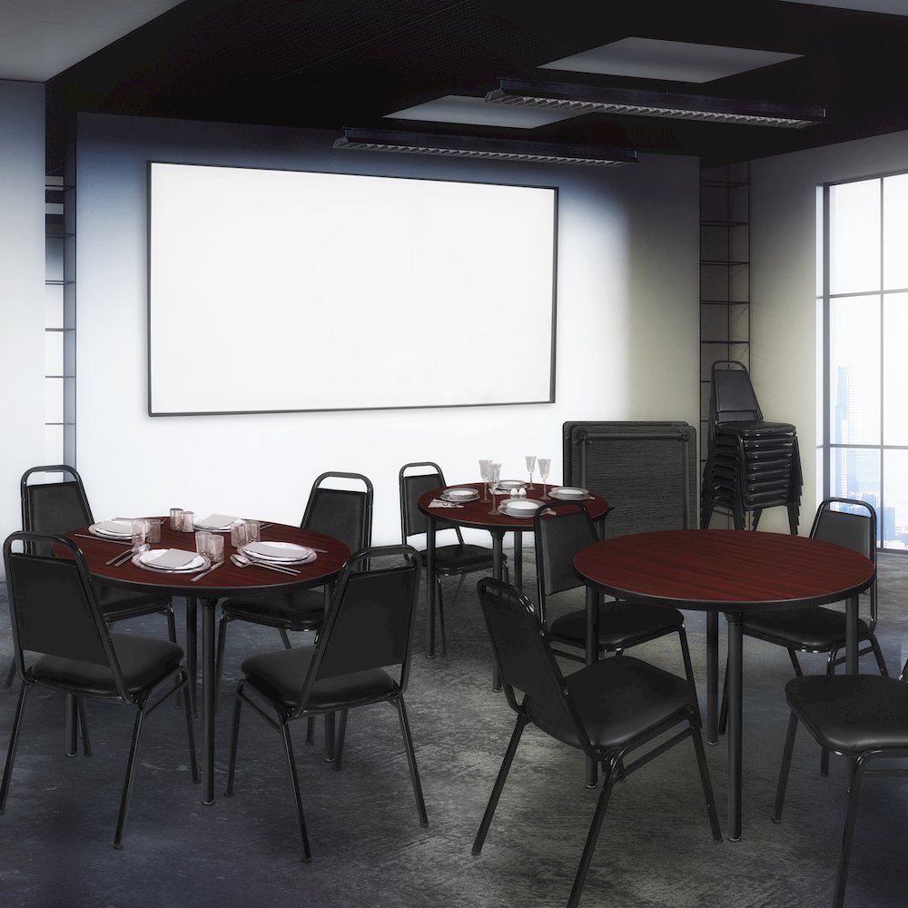 30 in. Small Round Breakroom Table- Mahogany Top, Black Folding Legs