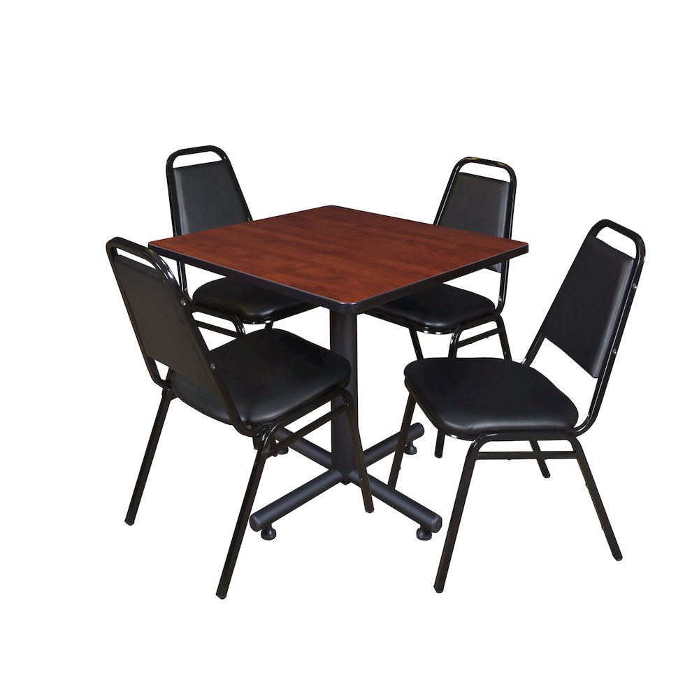 30 in. Square X-Base Breakroom Table- Cherry, 4 Restaurant Stack Chairs- Black
