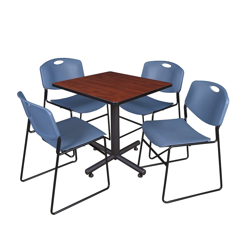 30 in. Square X-Base Breakroom Table- Cherry, 4 Zeng Stack Chairs- Blue