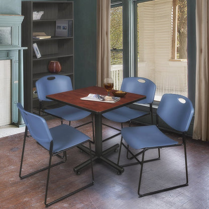 30 in. Square X-Base Breakroom Table- Cherry, 4 Zeng Stack Chairs- Blue