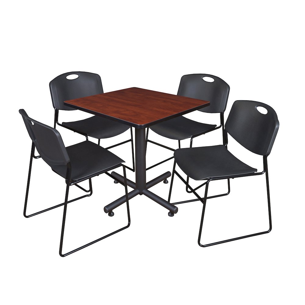 30 in. Square X-Base Breakroom Table- Cherry, 4 Zeng Stack Chairs- Black