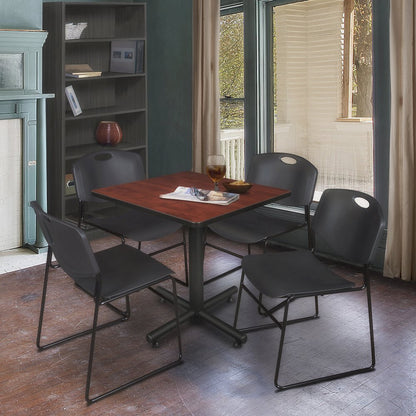 30 in. Square X-Base Breakroom Table- Cherry, 4 Zeng Stack Chairs- Black