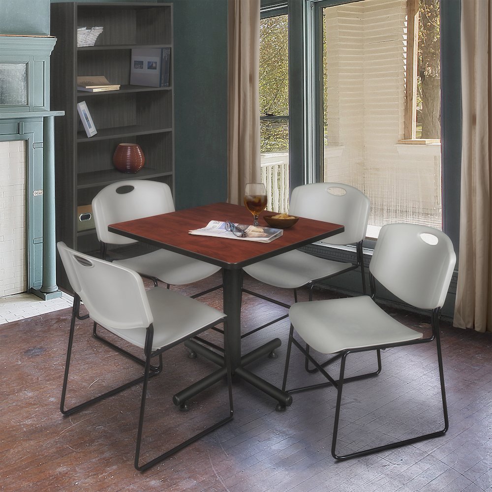 30 in. Square X-Base Breakroom Table- Cherry, 4 Zeng Stack Chairs- Grey