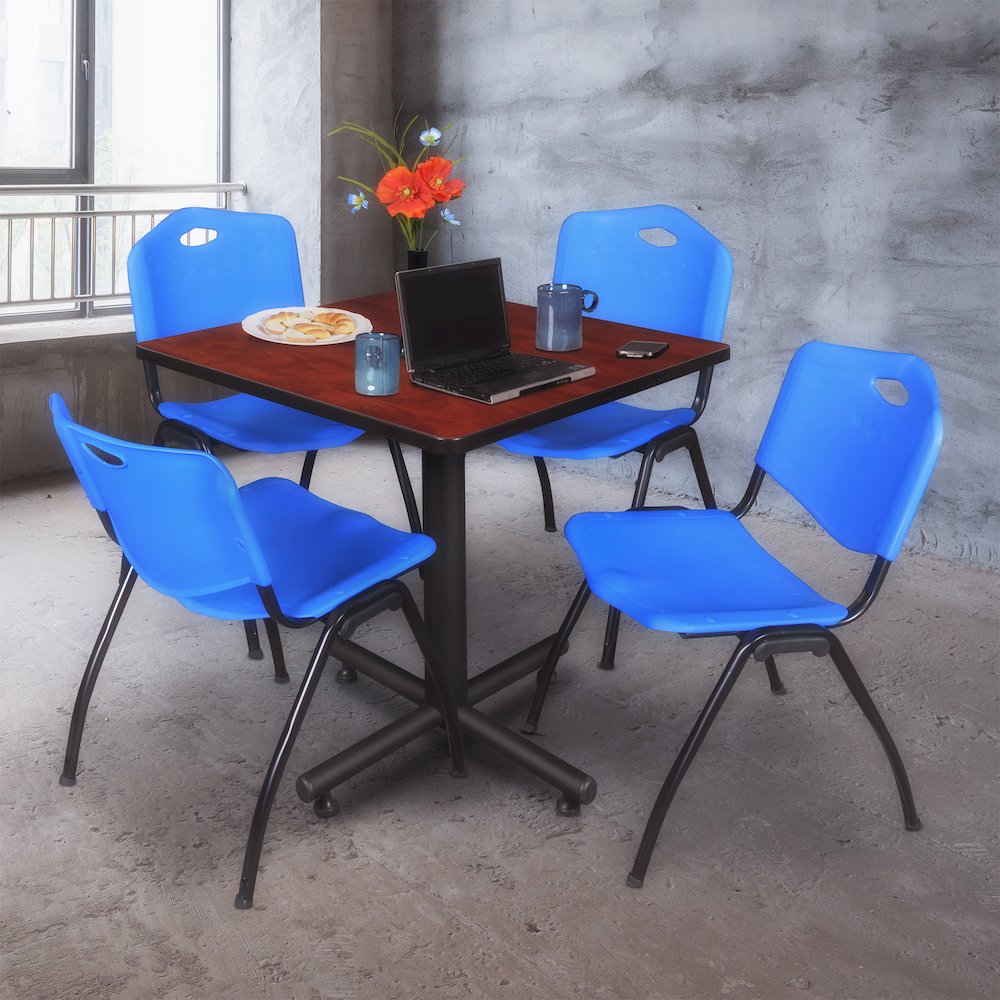 30 in. Square X-Base Breakroom Table- Cherry, 4 M Stack Chairs- Blue