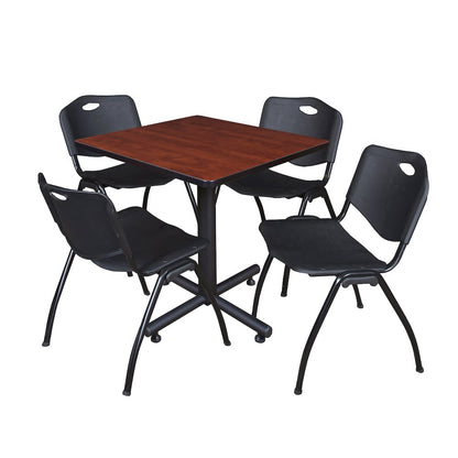 30 in. Square X-Base Breakroom Table- Cherry, 4 M Stack Chairs- Black