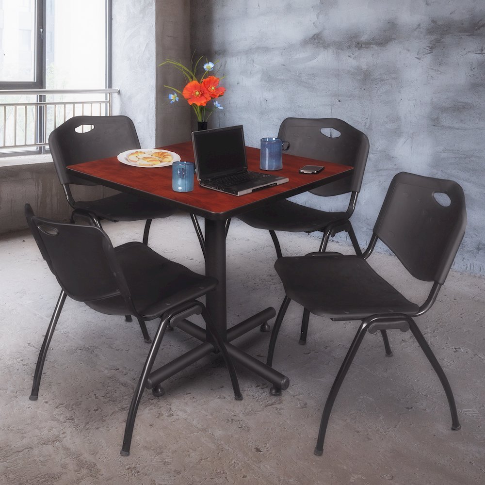 30 in. Square X-Base Breakroom Table- Cherry, 4 M Stack Chairs- Black