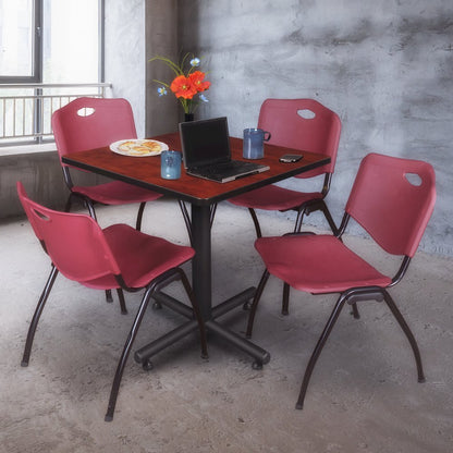 30 in. Square X-Base Breakroom Table- Cherry, 4 M Stack Chairs- Burgundy