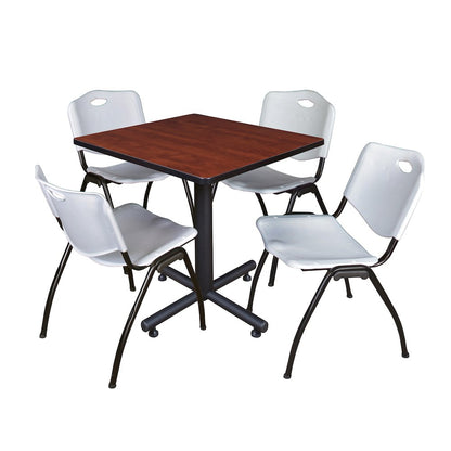 30 in. Square X-Base Breakroom Table- Cherry, 4 M Stack Chairs- Grey