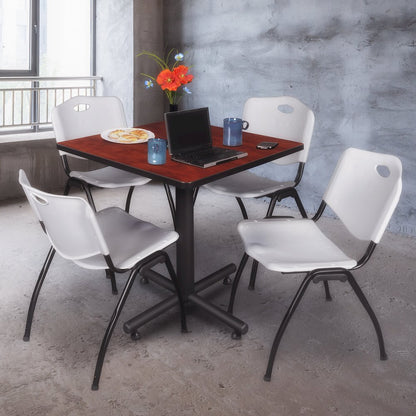 30 in. Square X-Base Breakroom Table- Cherry, 4 M Stack Chairs- Grey