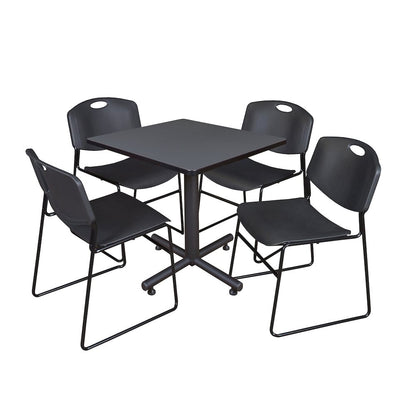 30 in. Square X-Base Breakroom Table- Grey, 4 Zeng Stack Chairs- Black