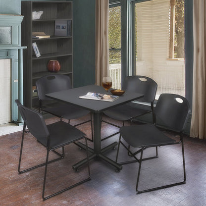 30 in. Square X-Base Breakroom Table- Grey, 4 Zeng Stack Chairs- Black