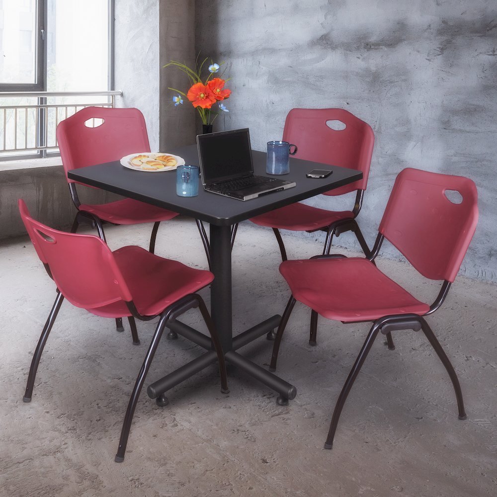 30 in. Square X-Base Breakroom Table- Grey, 4 M Stack Chairs- Burgundy