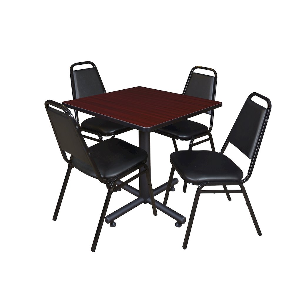 30 in. Square X-Base Breakroom Table- Mahogany, 4 Restaurant Stack Chairs- Black