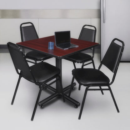 30 in. Square X-Base Breakroom Table- Mahogany, 4 Restaurant Stack Chairs- Black
