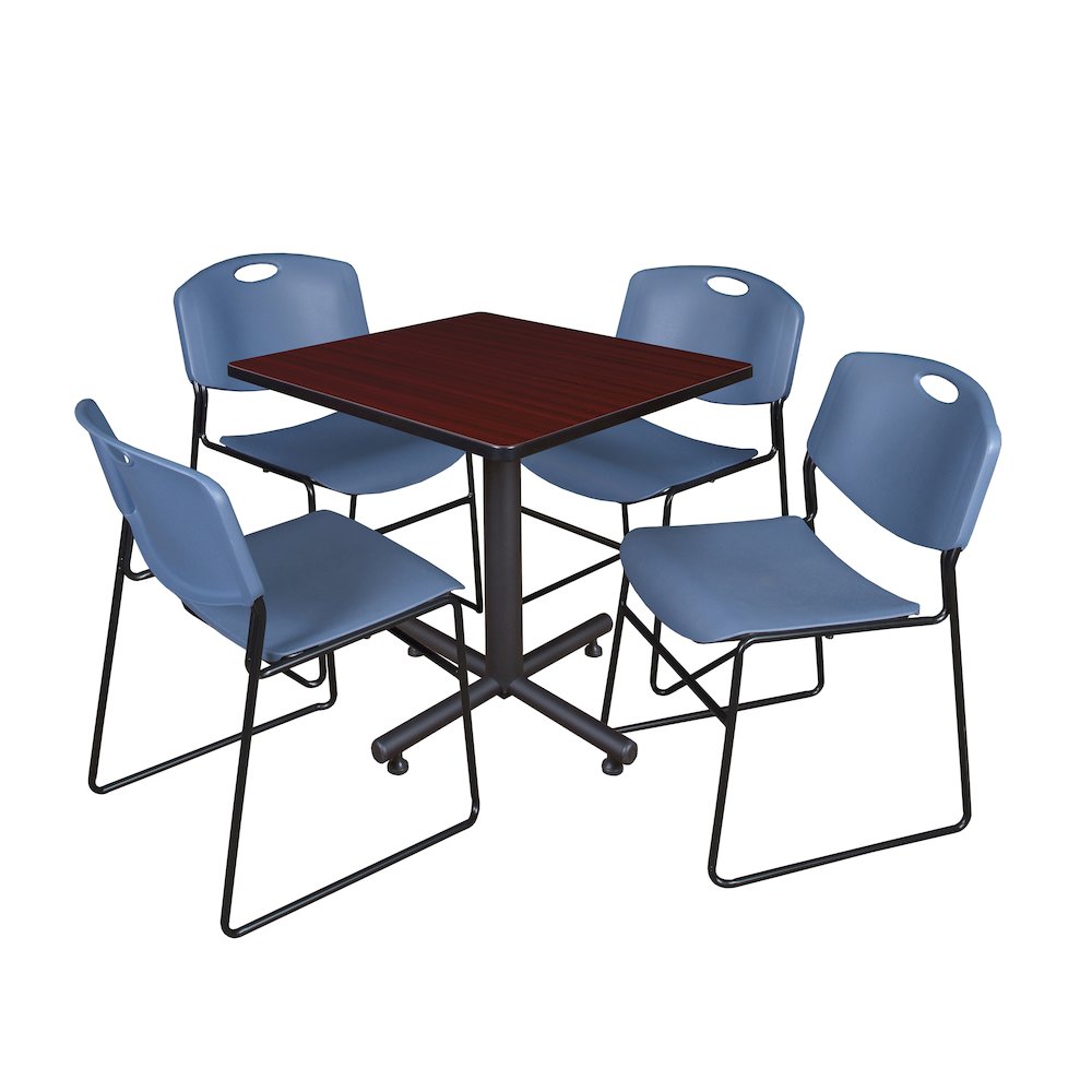 30 in. Square X-Base Breakroom Table- Mahogany, 4 Zeng Stack Chairs- Blue