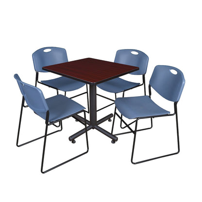 30 in. Square X-Base Breakroom Table- Mahogany, 4 Zeng Stack Chairs- Blue