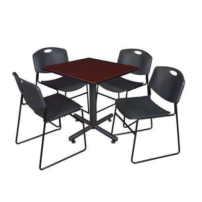 30 in. Square X-Base Breakroom Table- Mahogany, 4 Zeng Stack Chairs- Black