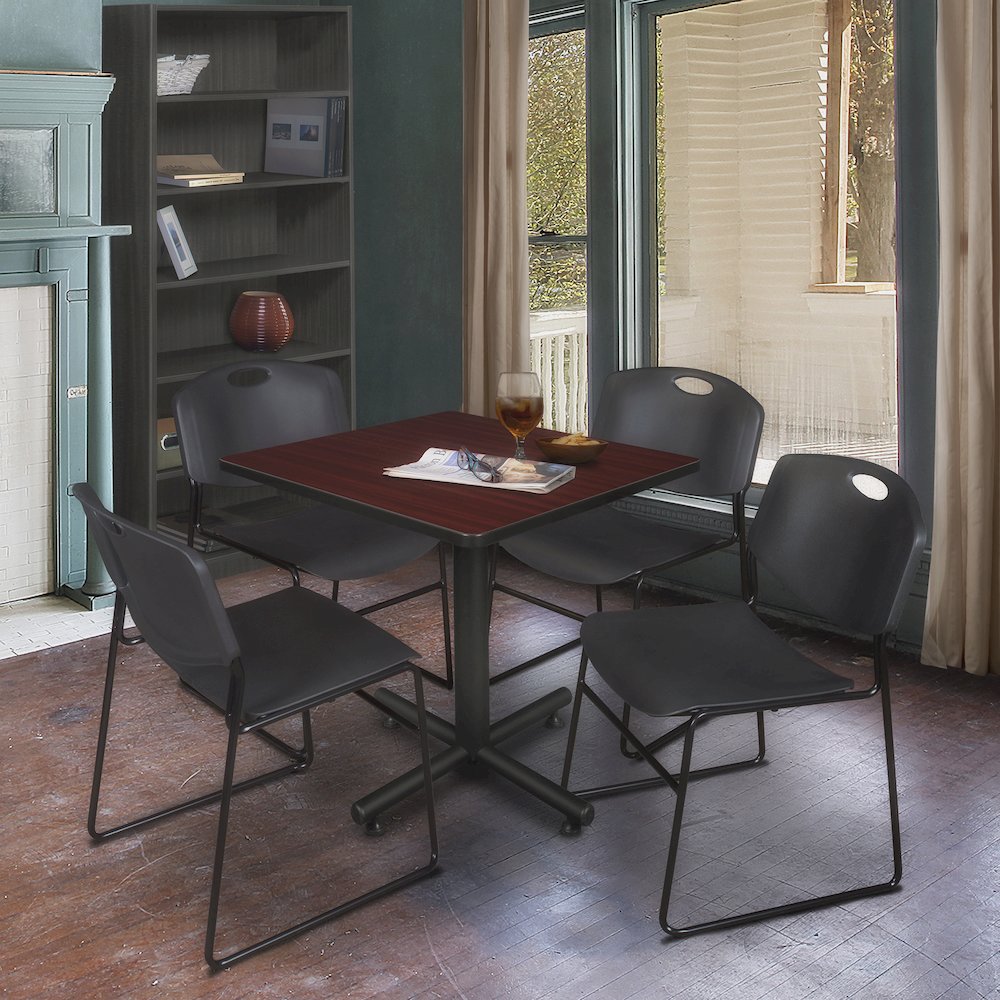 30 in. Square X-Base Breakroom Table- Mahogany, 4 Zeng Stack Chairs- Black