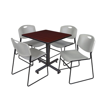 30 in. Square X-Base Breakroom Table- Mahogany, 4 Zeng Stack Chairs- Grey