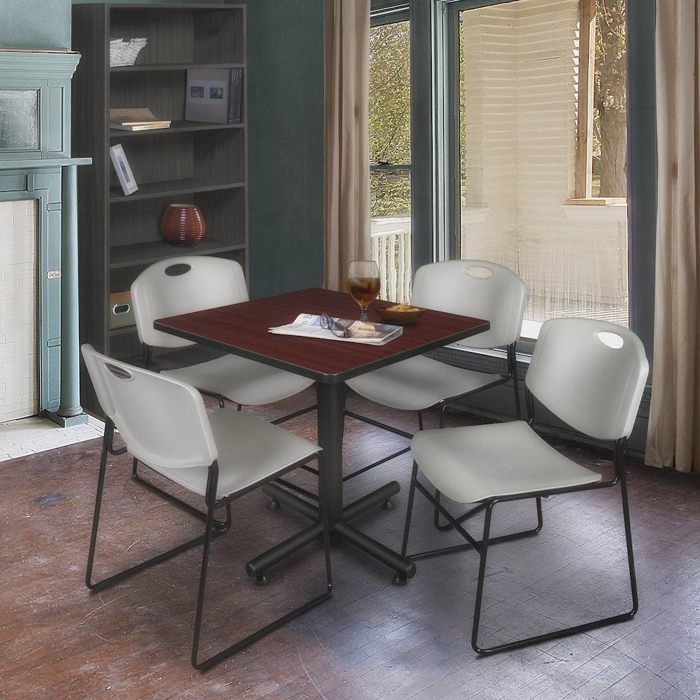 30 in. Square X-Base Breakroom Table- Mahogany, 4 Zeng Stack Chairs- Grey