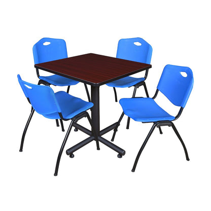 30 in. Square X-Base Breakroom Table- Mahogany, 4 M Stack Chairs- Blue