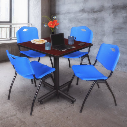 30 in. Square X-Base Breakroom Table- Mahogany, 4 M Stack Chairs- Blue