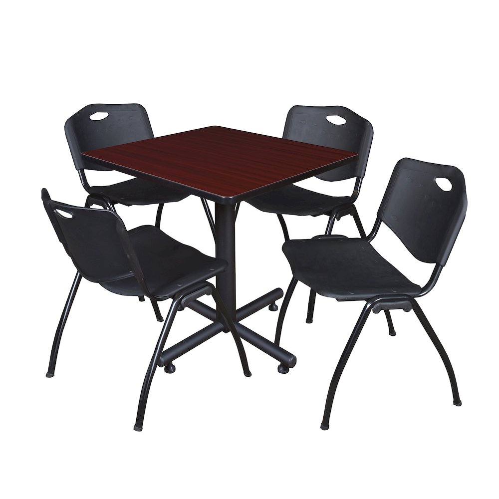 30 in. Square X-Base Breakroom Table- Mahogany, 4 M Stack Chairs- Black