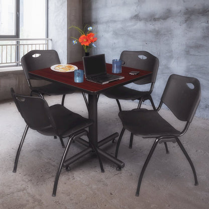 30 in. Square X-Base Breakroom Table- Mahogany, 4 M Stack Chairs- Black