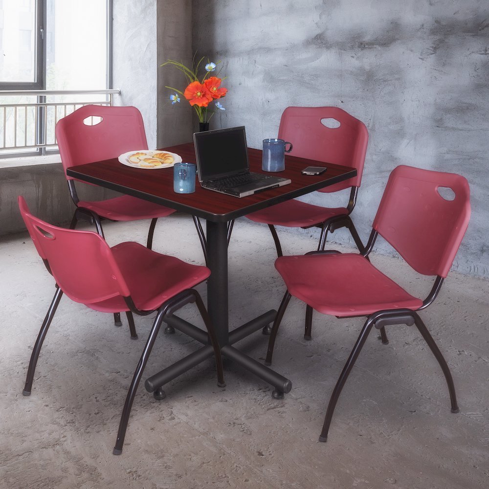 30 in. Square X-Base Breakroom Table- Mahogany, 4 M Stack Chairs- Burgundy
