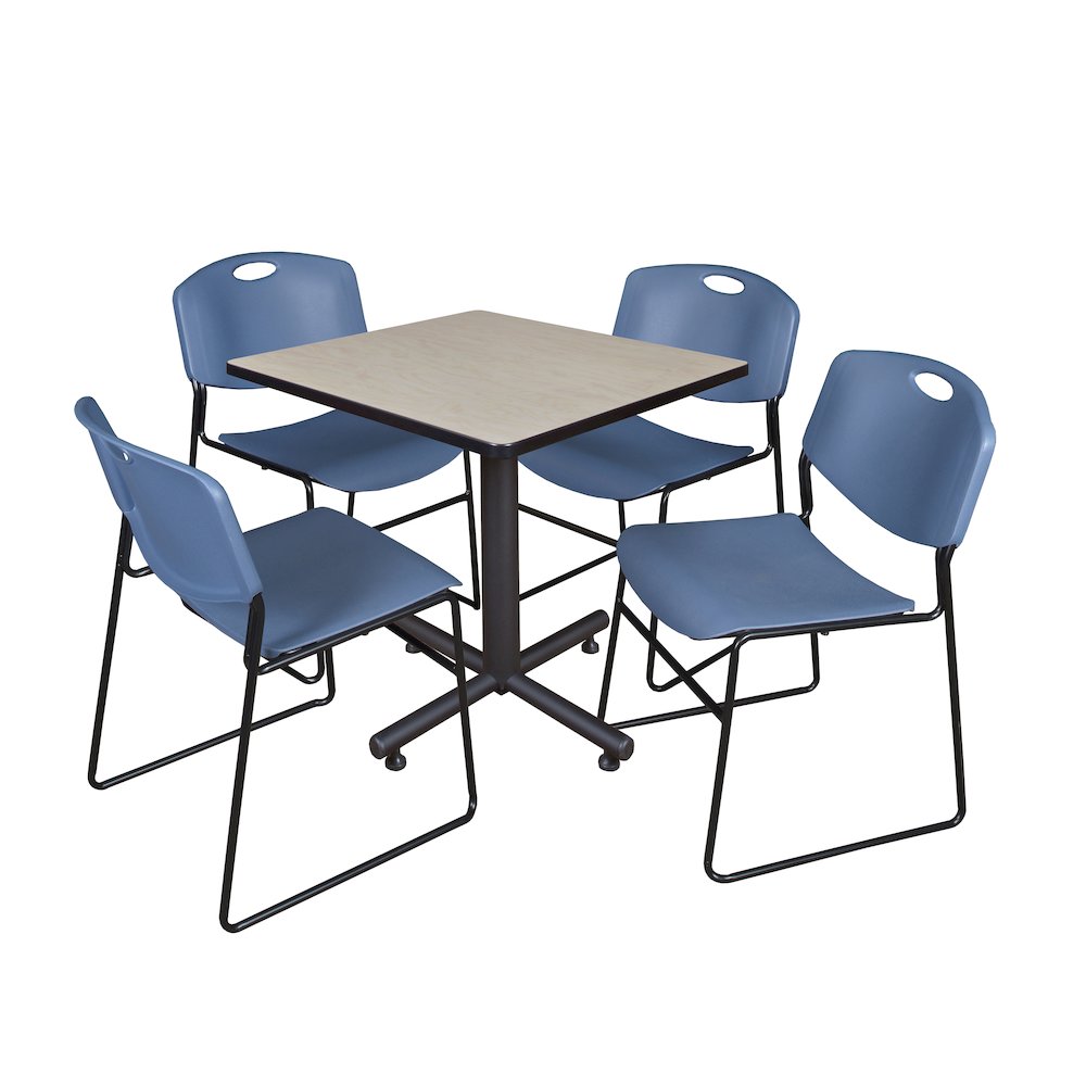 30 in. Square X-Base Breakroom Table- Maple, 4 Zeng Stack Chairs- Blue