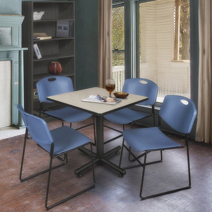 30 in. Square X-Base Breakroom Table- Maple, 4 Zeng Stack Chairs- Blue