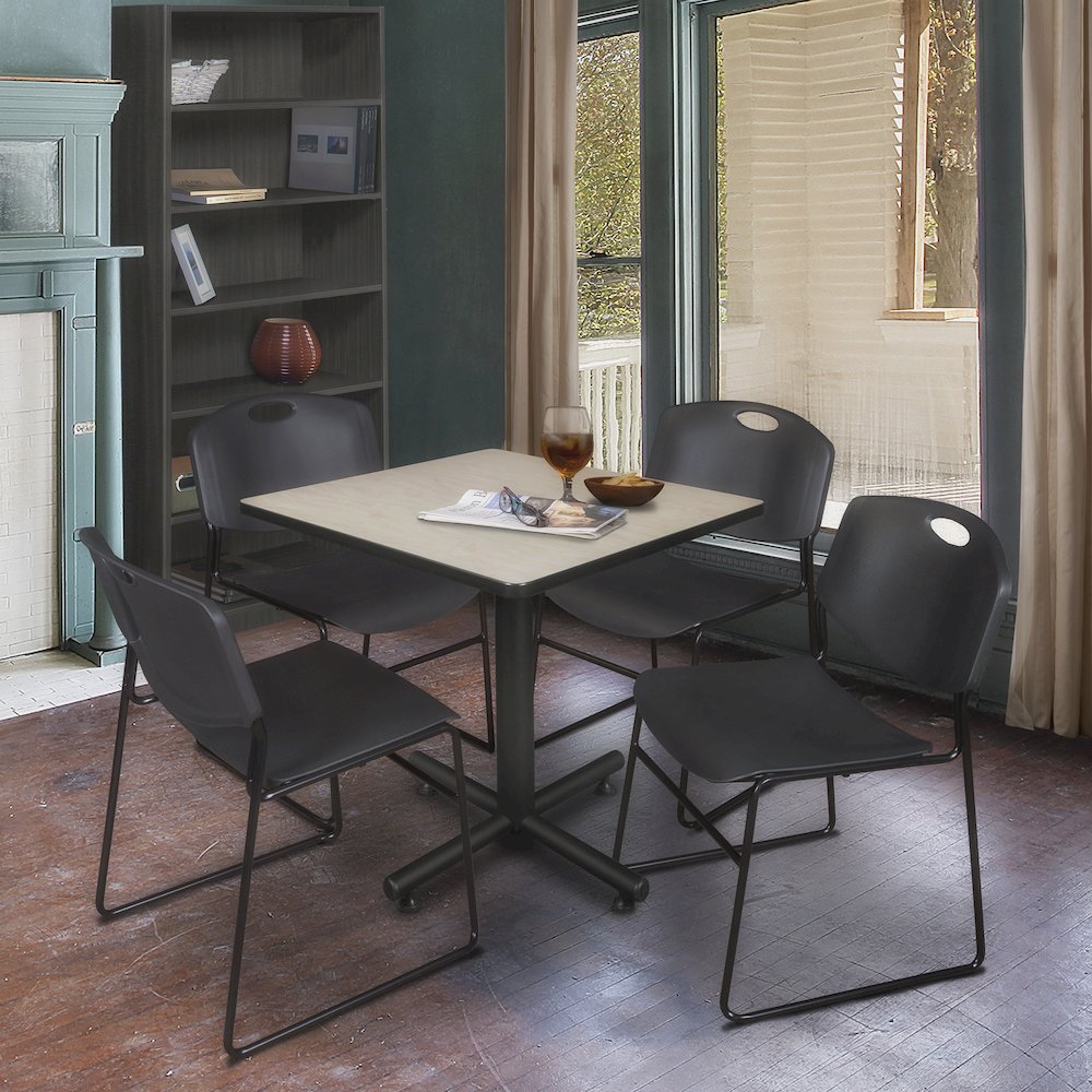 30 in. Square X-Base Breakroom Table- Maple, 4 Zeng Stack Chairs- Black