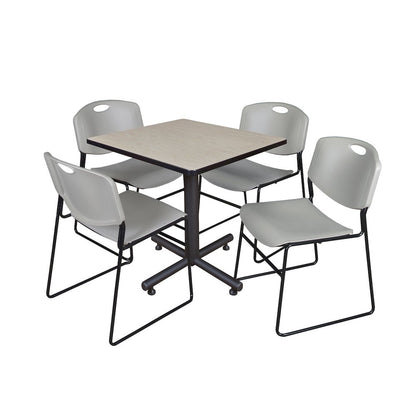30 in. Square X-Base Breakroom Table- Maple, 4 Zeng Stack Chairs- Grey