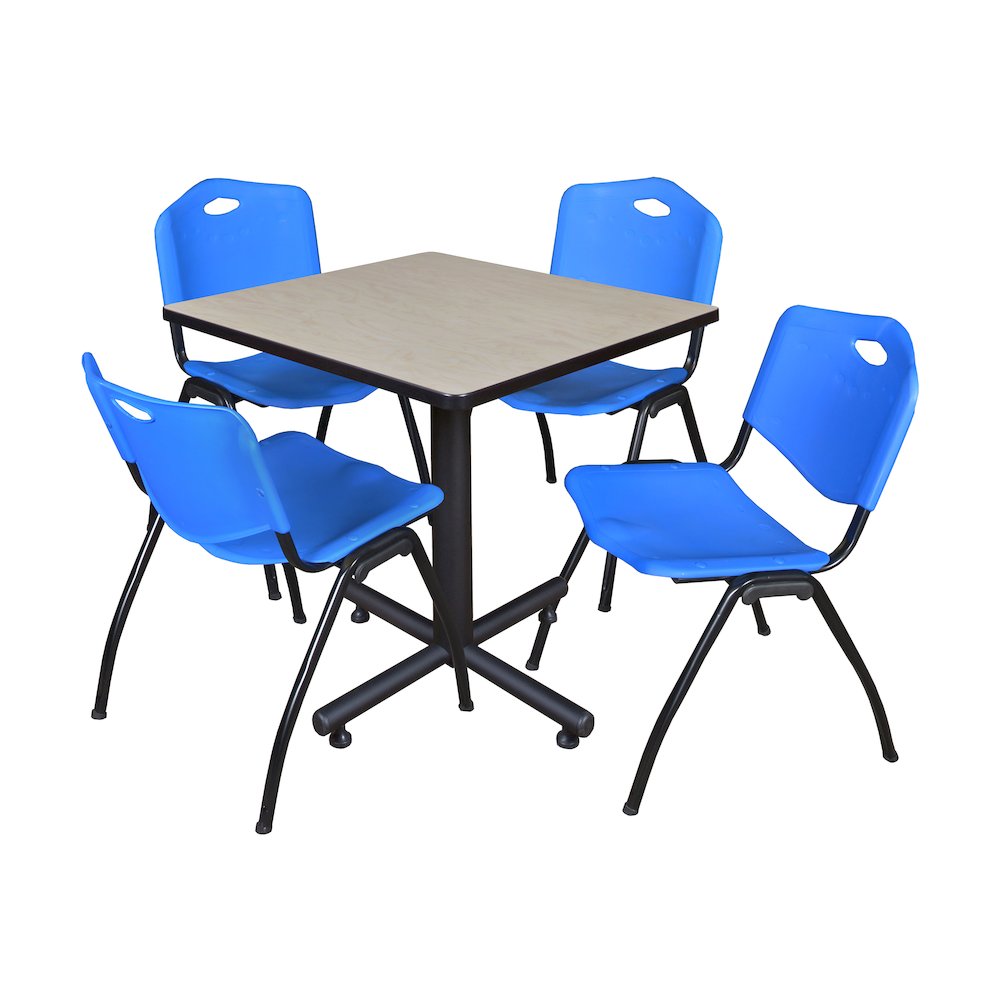 30 in. Square X-Base Breakroom Table- Maple, 4 M Stack Chairs- Blue