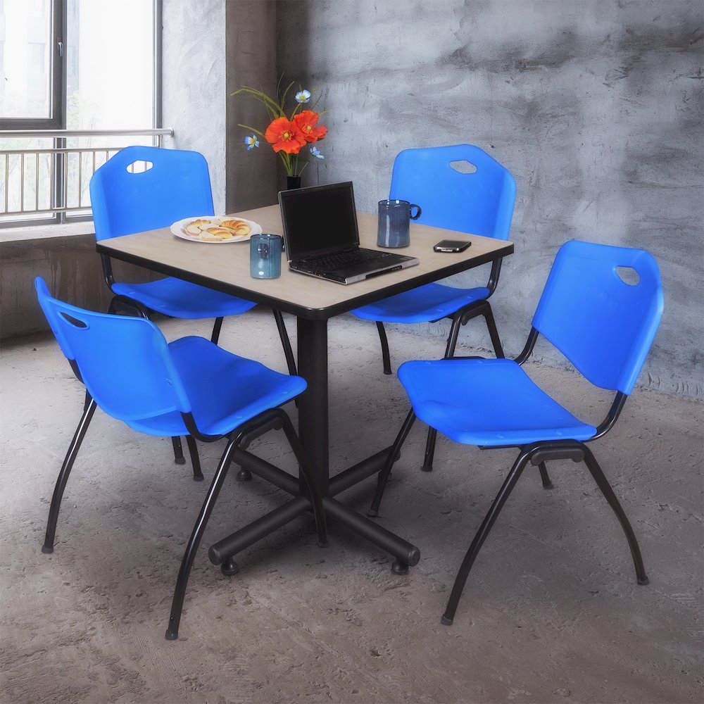 30 in. Square X-Base Breakroom Table- Maple, 4 M Stack Chairs- Blue
