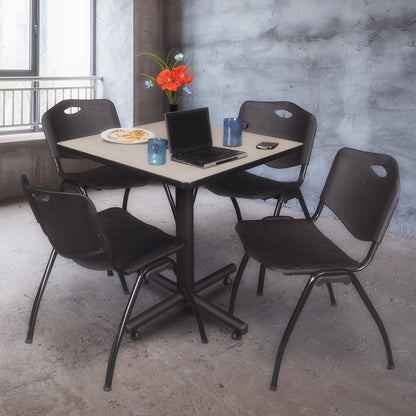 30 in. Square X-Base Breakroom Table- Maple, 4 M Stack Chairs- Black