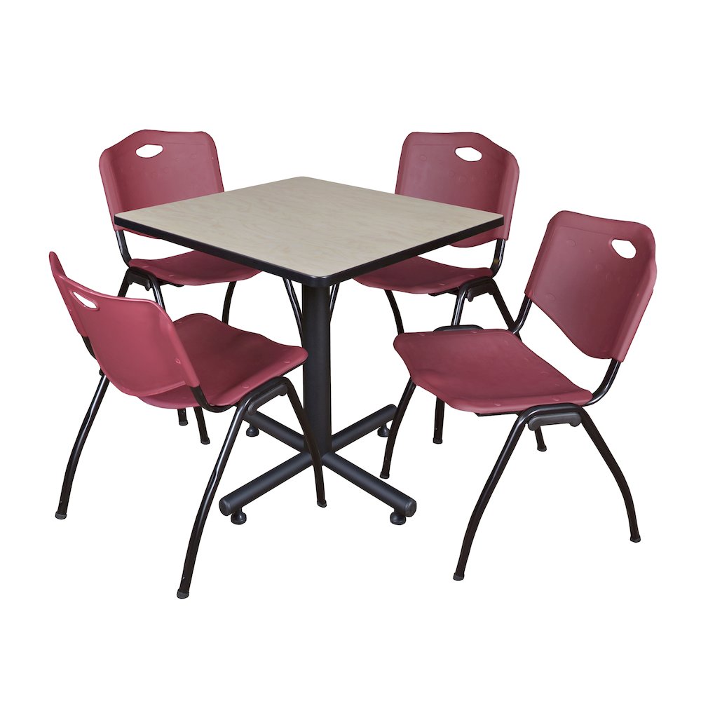 30 in. Square X-Base Breakroom Table- Maple, 4 M Stack Chairs- Burgundy