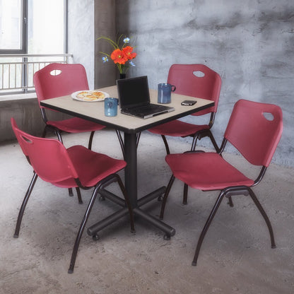 30 in. Square X-Base Breakroom Table- Maple, 4 M Stack Chairs- Burgundy