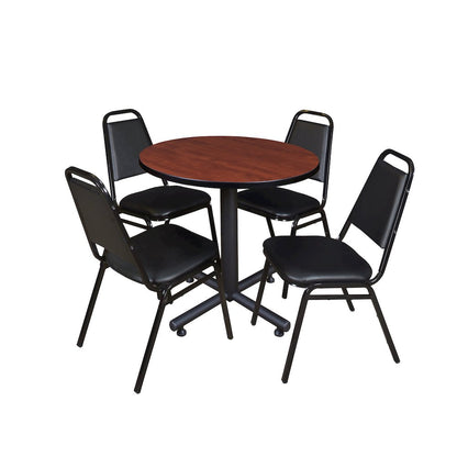30 in. Round X-Base Breakroom Table- Cherry, 4 Restaurant Stack Chairs- Black