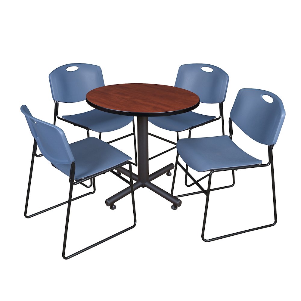 30 in. Round X-Base Breakroom Table- Cherry, 4 Zeng Stack Chairs- Blue