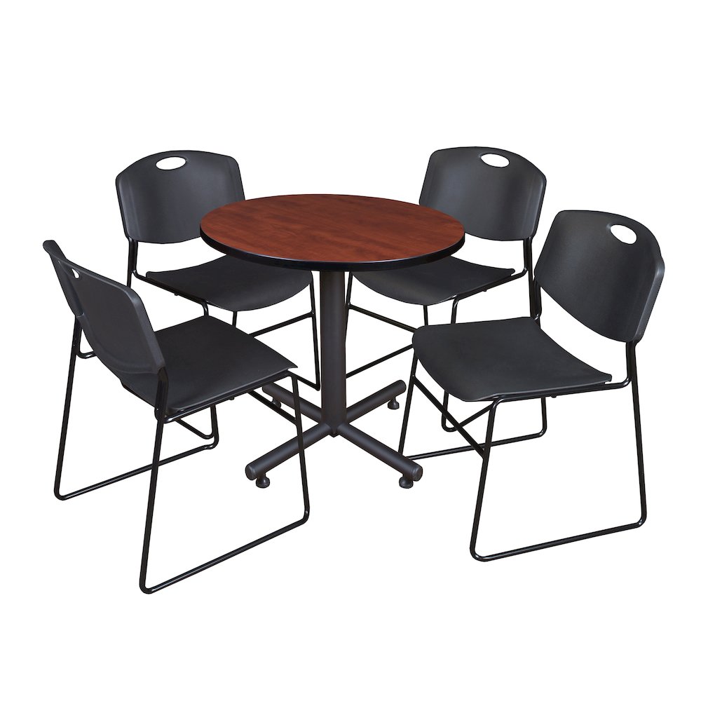 30 in. Round X-Base Breakroom Table- Cherry, 4 Zeng Stack Chairs- Black