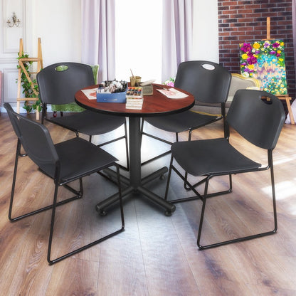 30 in. Round X-Base Breakroom Table- Cherry, 4 Zeng Stack Chairs- Black