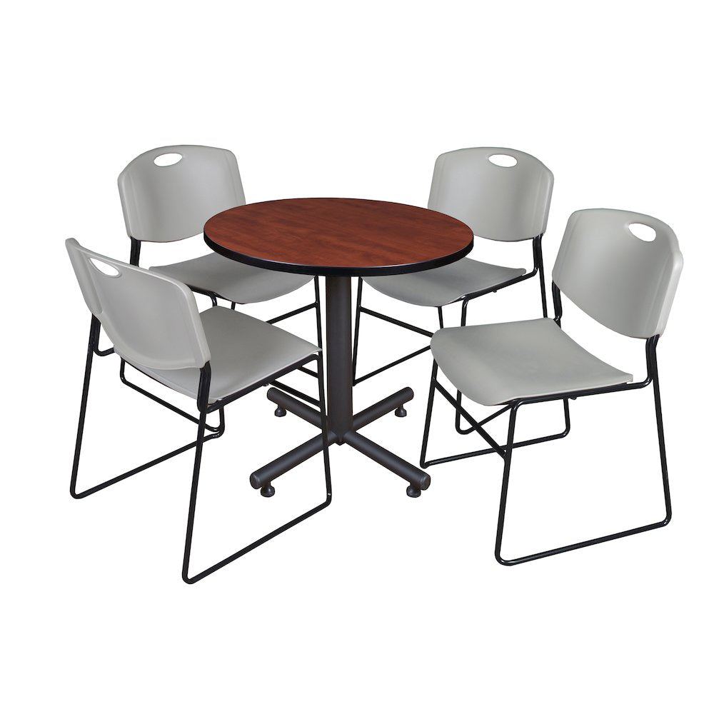 30 in. Round X-Base Breakroom Table- Cherry, 4 Zeng Stack Chairs- Grey