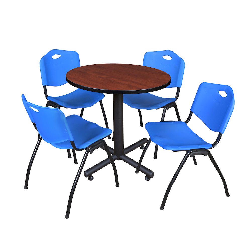 30 in. Round X-Base Breakroom Table- Cherry, 4 M Stack Chairs- Blue