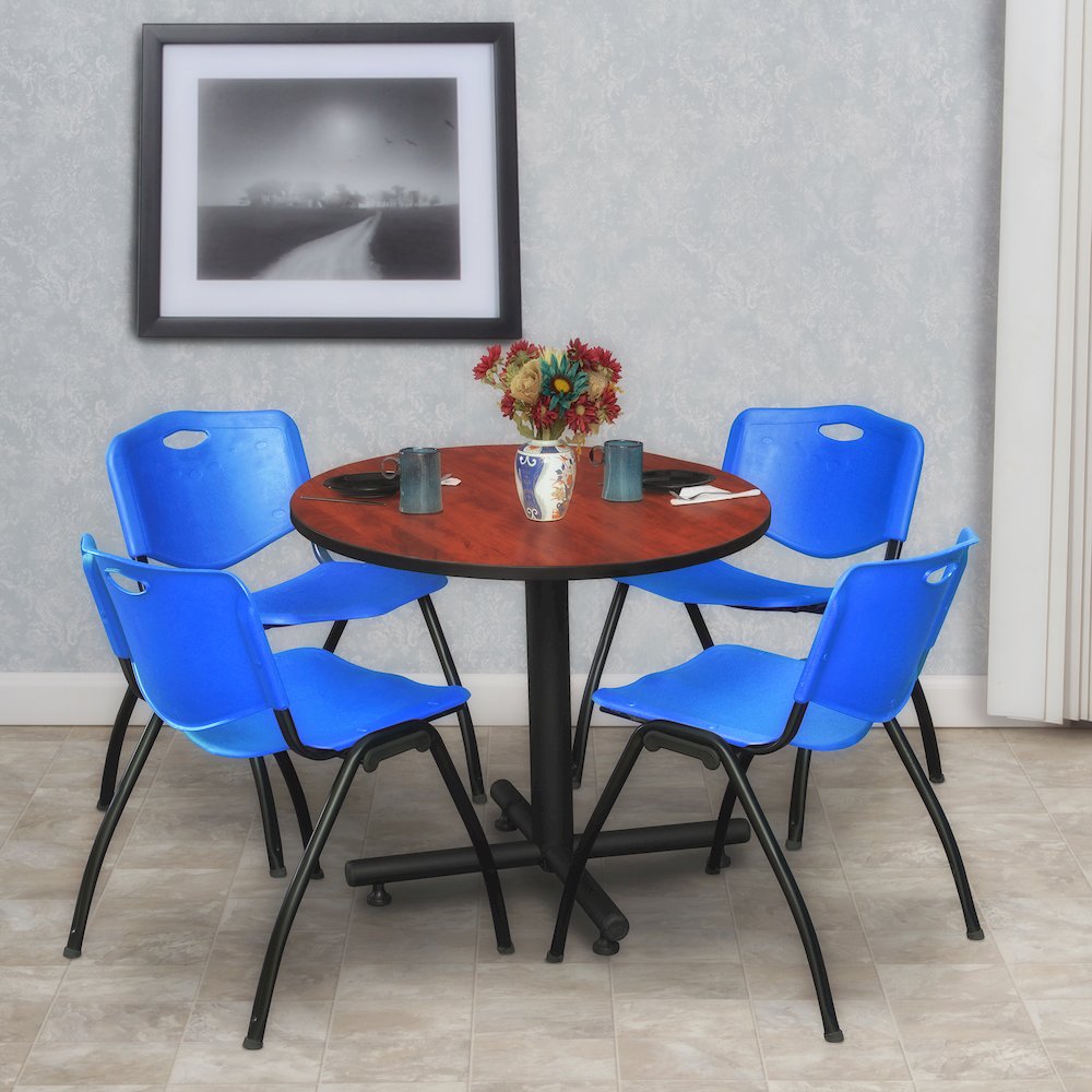 30 in. Round X-Base Breakroom Table- Cherry, 4 M Stack Chairs- Blue