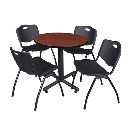 30 in. Round X-Base Breakroom Table- Cherry, 4 M Stack Chairs- Black