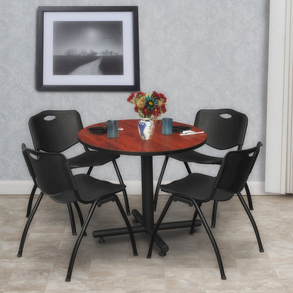 30 in. Round X-Base Breakroom Table- Cherry, 4 M Stack Chairs- Black