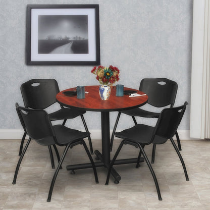 30 in. Round X-Base Breakroom Table- Cherry, 4 M Stack Chairs- Black