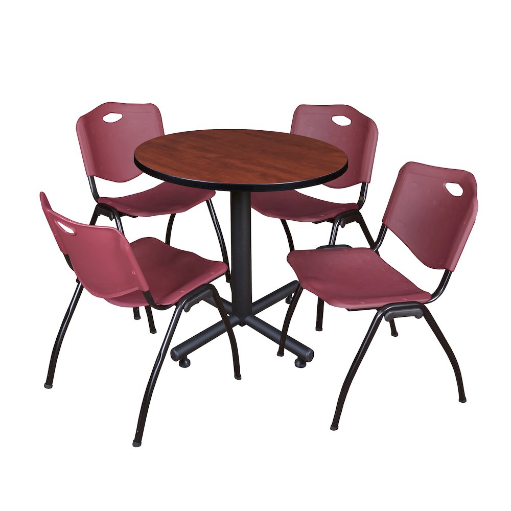 30 in. Round X-Base Breakroom Table- Cherry, 4 M Stack Chairs- Burgundy