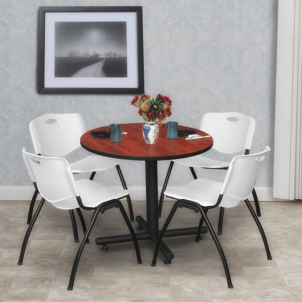 30 in. Round X-Base Breakroom Table- Cherry, 4 M Stack Chairs- Grey